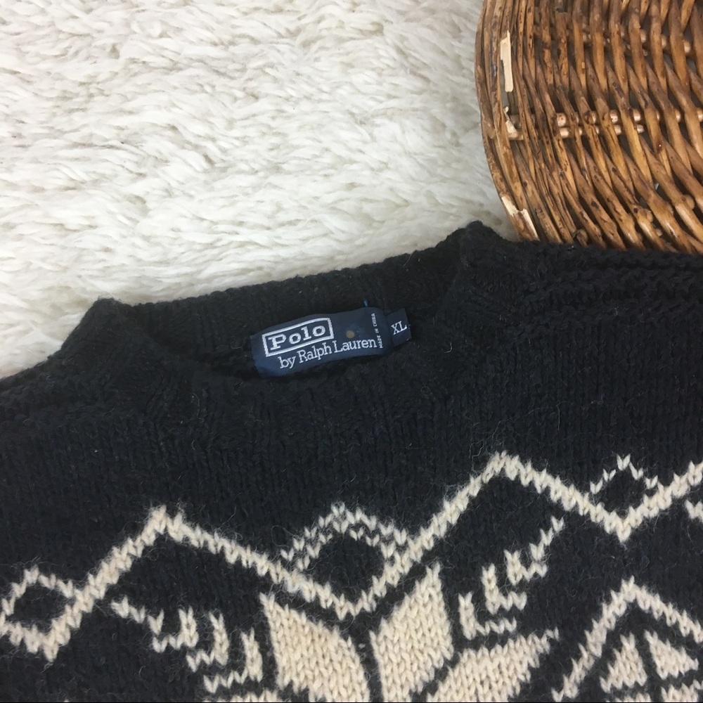 Polo hand knit Nordic holiday sweater wool blend - Picture 3 of 5